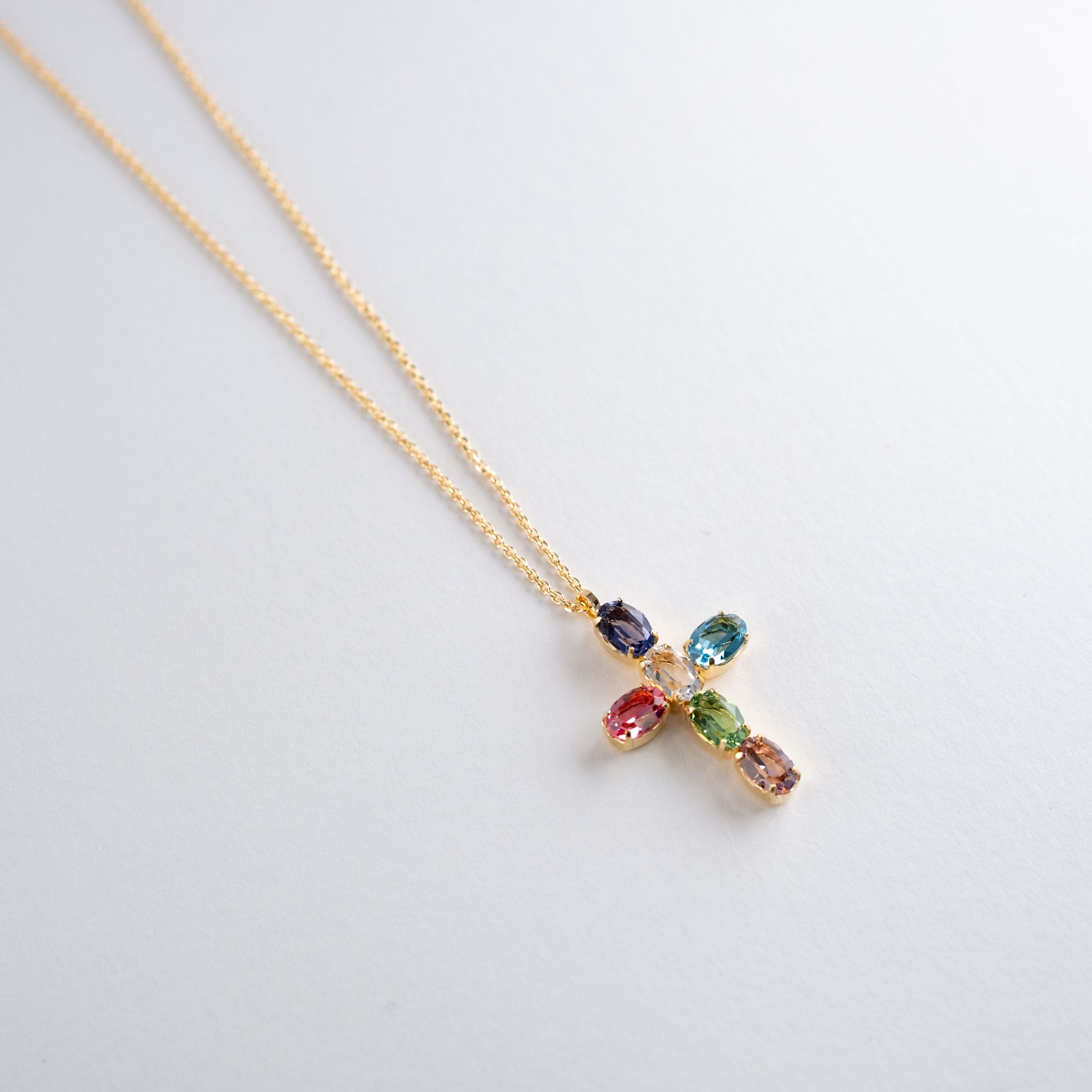 Collana Croce Mini Multi Pietre Ovali