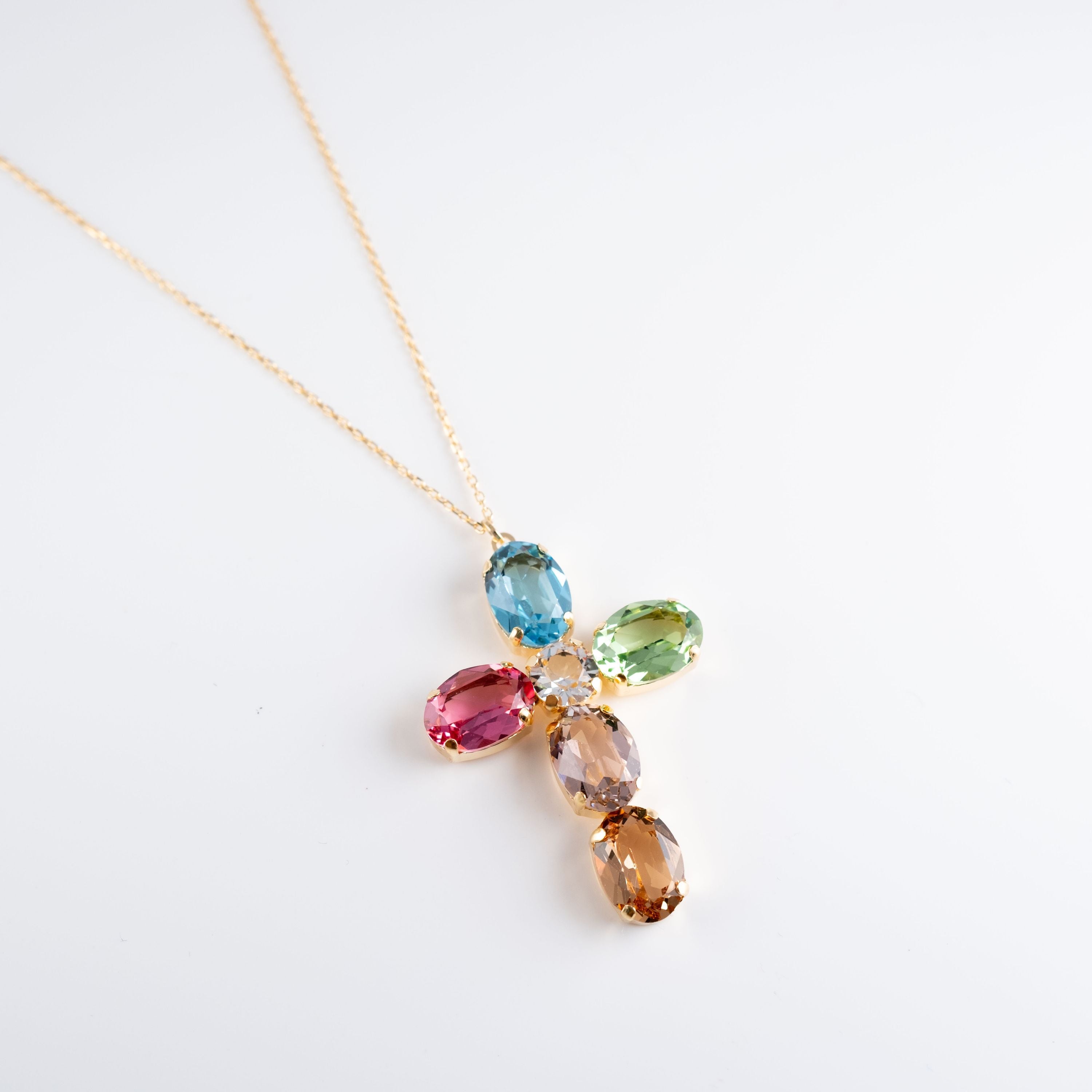 Collana Croce Grande Multi Pietre Ovali