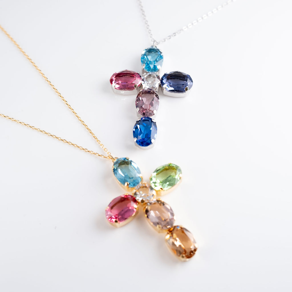 Collana Croce Grande Multi Pietre Ovali