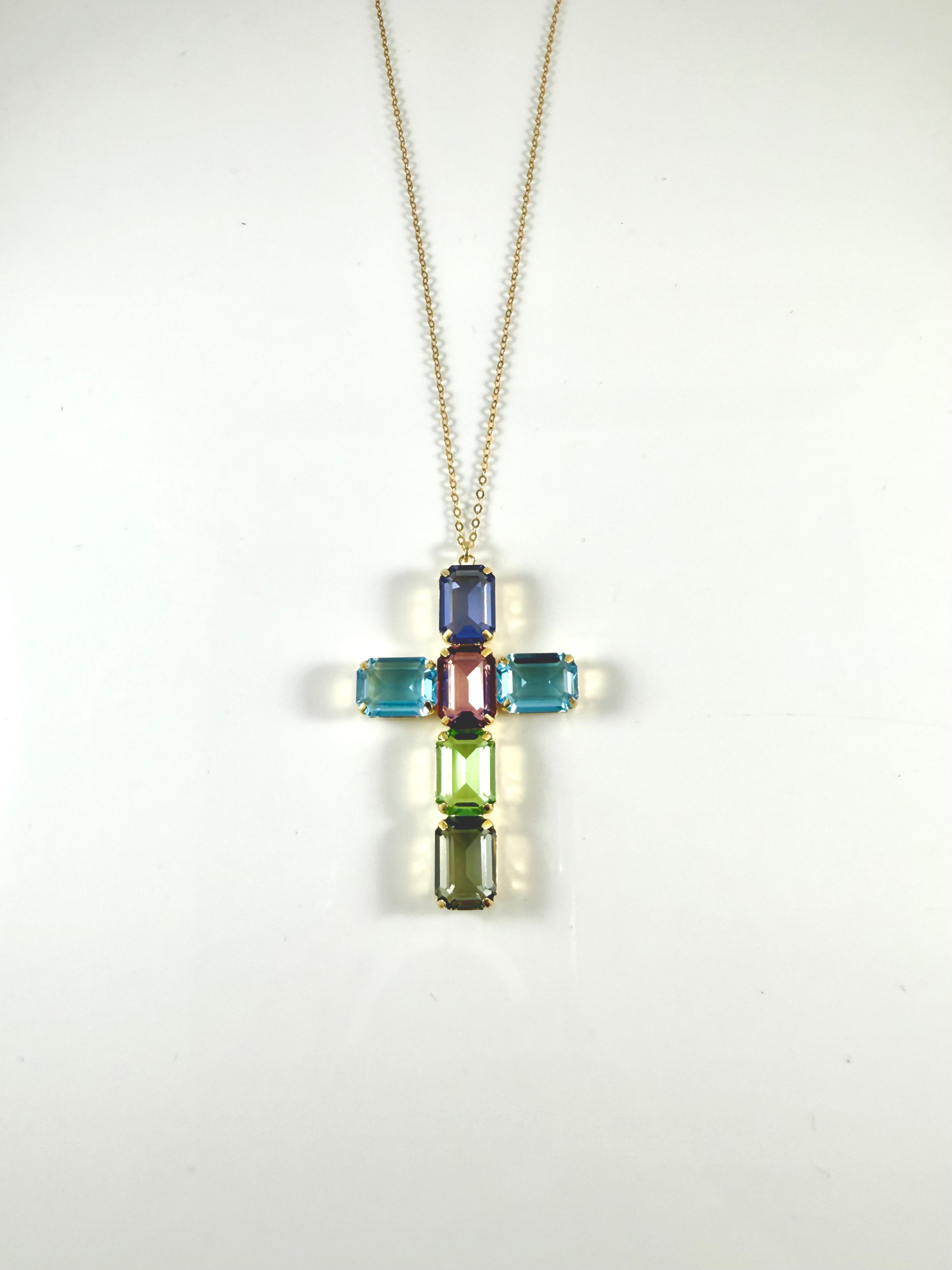 Collana croce grande multipietra rettangolari