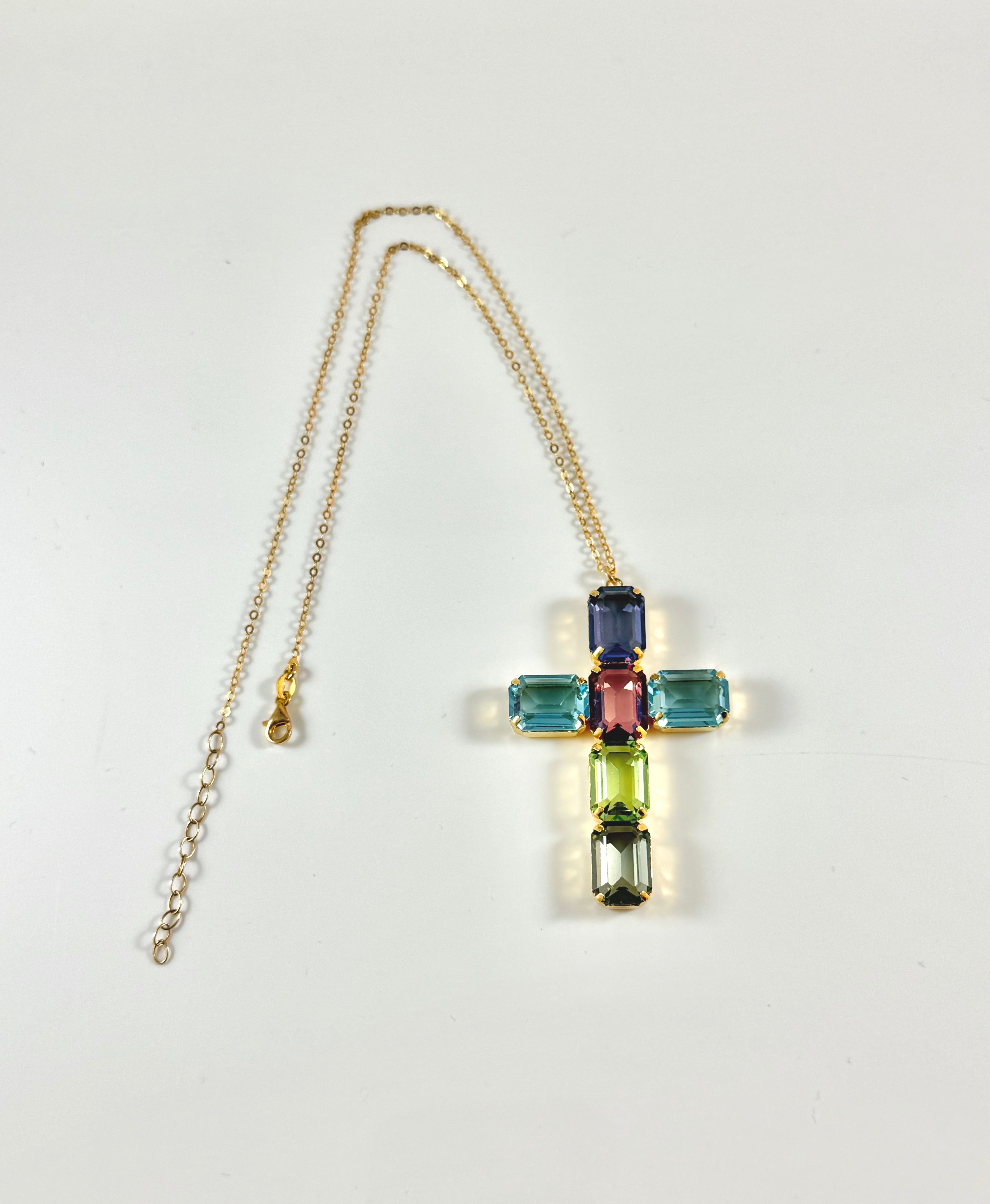 Collana croce grande multipietra rettangolari